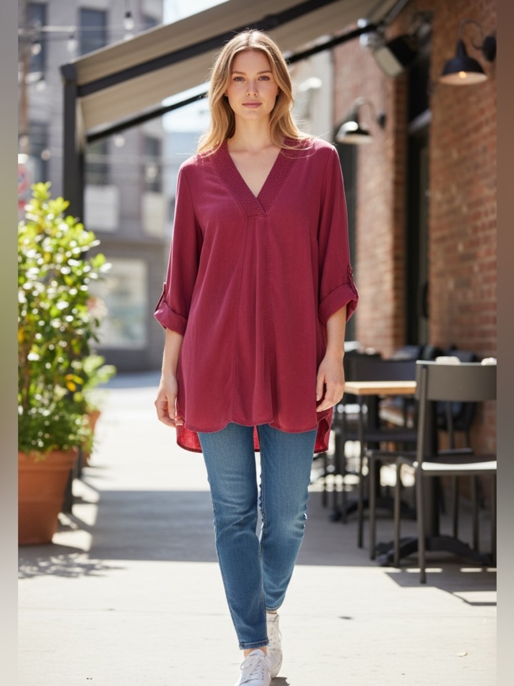 Soft Surroundings Wine Red V-Neck Long Sleeve Roll Tab Tunic Top Women’s Large